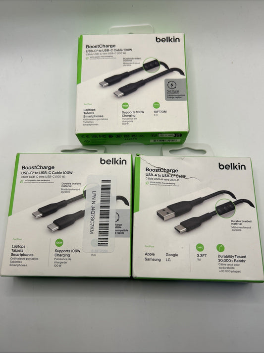 3 Belkin BoostCharge Braided USB-C Cable - 3 Feet- 6 Feet -10 Feet