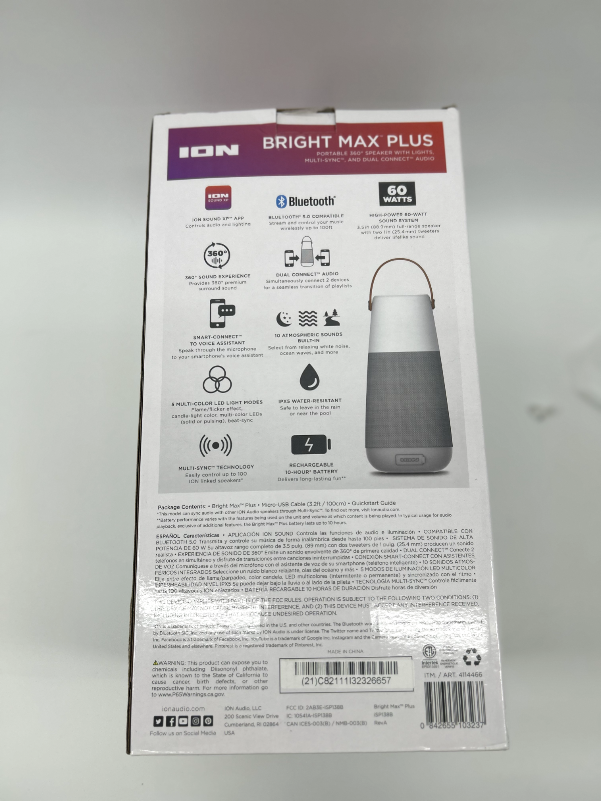 ION Audio Bright Max Indoor Outdoor 360 Sound Wireless Bluetooth Speaker White