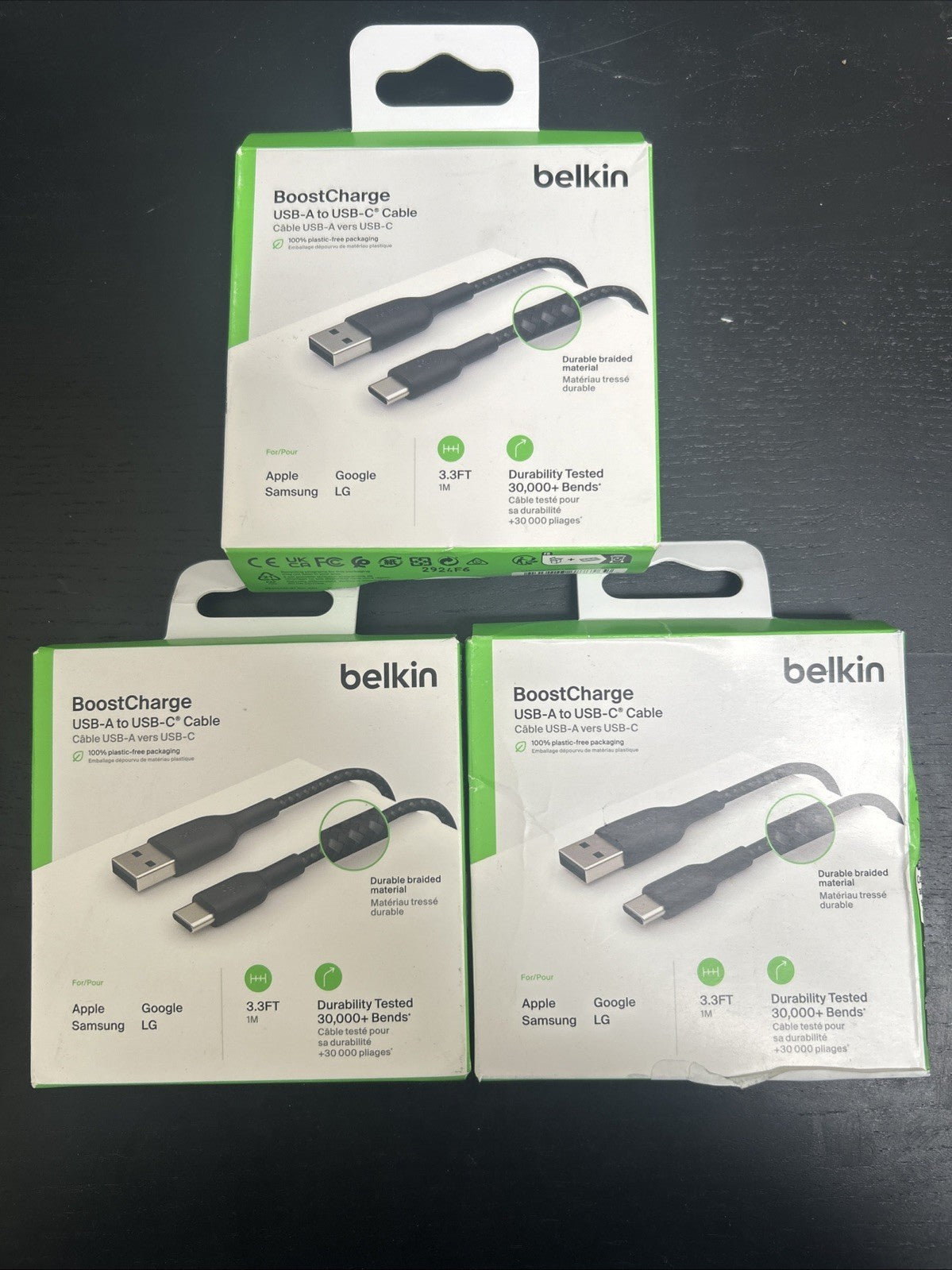 3 Pack Belkin BoostCharge Braided USB-C to USB-A Cord 3.3ft for iPhone 16 Series