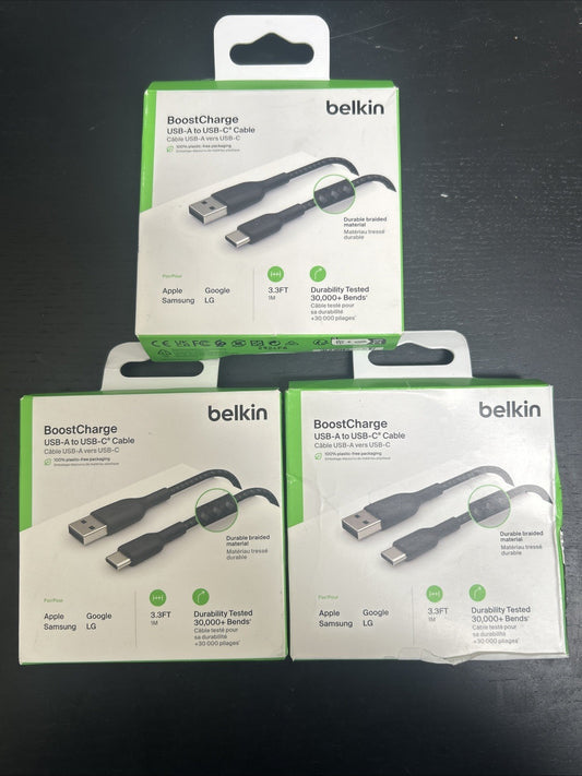 3 Pack Belkin BoostCharge Braided USB-C to USB-A Cord 3.3ft for iPhone 16 Series