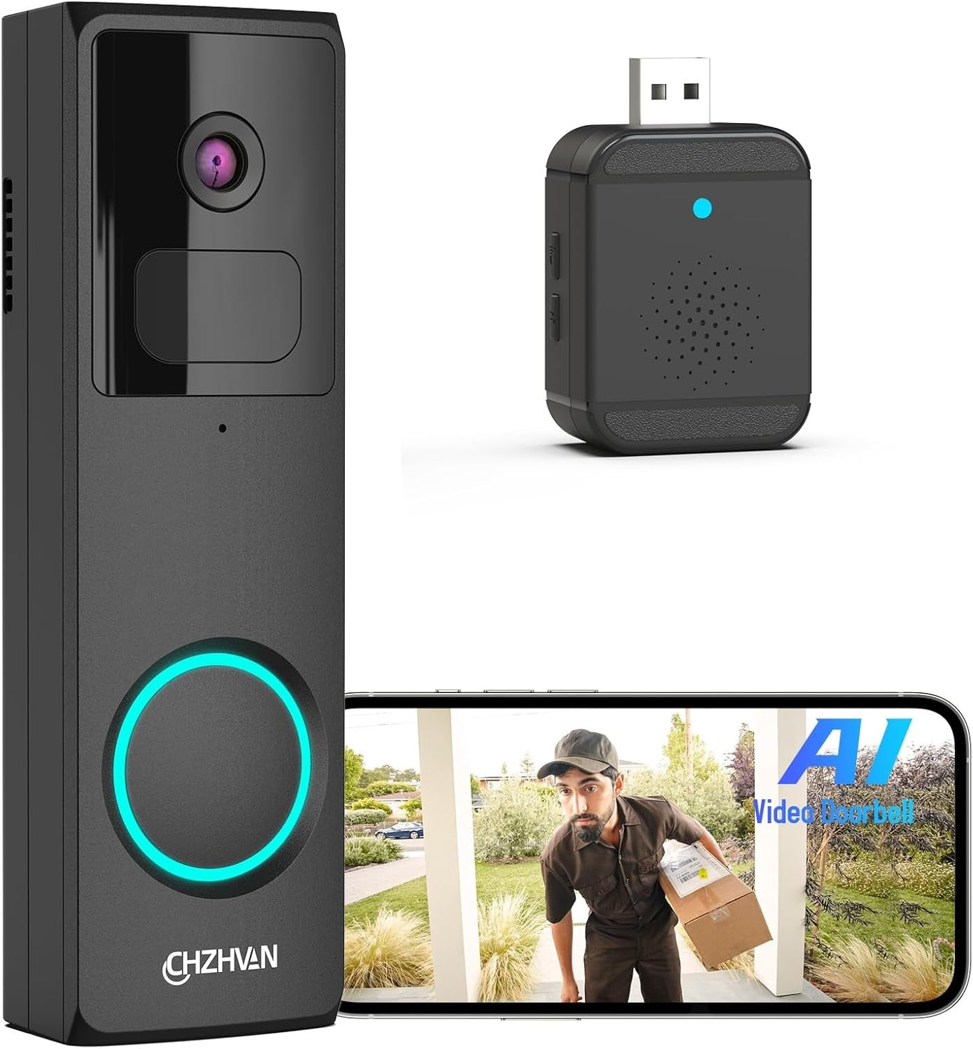 CHZHVAN Doorbell Camera Wireless, FHD Smart Video Doorbell Wireless with AI