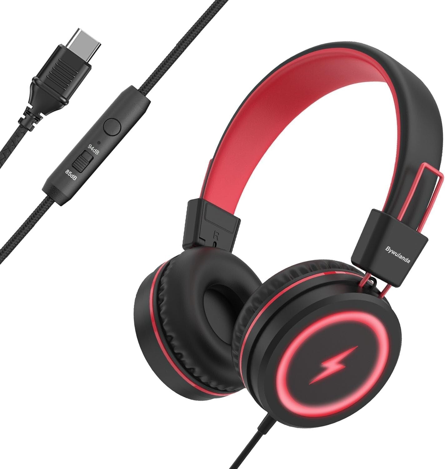 Bywulanda Kids Headphones with LED Lights for School, Upgrade USB Type C Kid