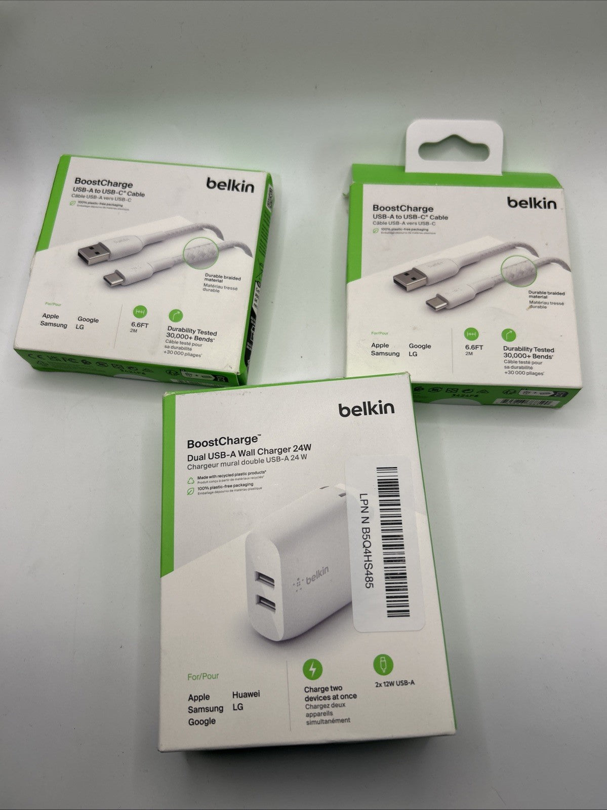 Belkin Chargin Pack -  USB-A Wall Charger 24W and 2 6 Foot USB A - USB C Cords