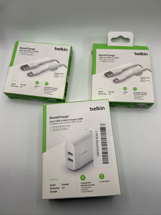 Belkin Chargin Pack -  USB-A Wall Charger 24W and 2 6 Foot USB A - USB C Cords