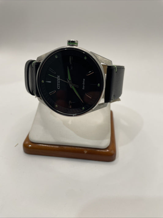 Citizen Eco-Drive Watch Men 42mm Silver Tone Black Green Dial E111-S108659 Date