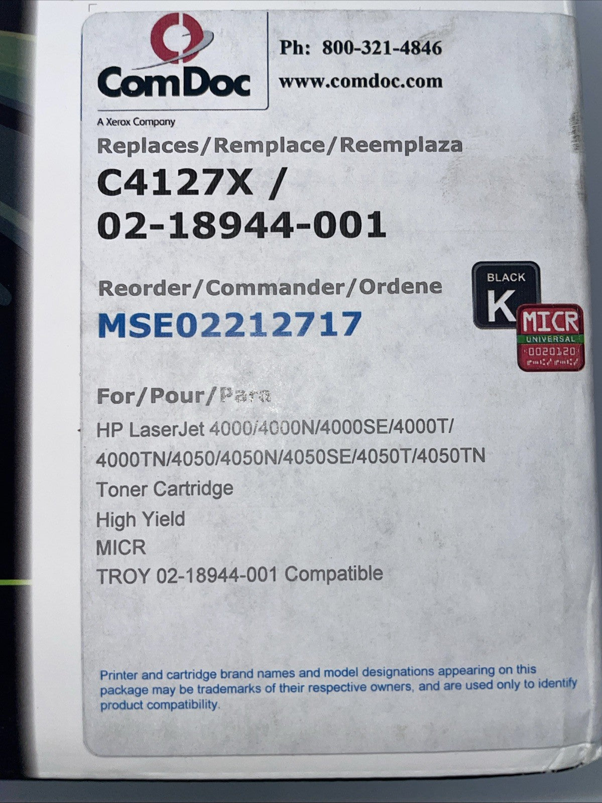 Toner Replacement Cartridge C4127X HP 4000 High Yield Black Sealed Comdoc