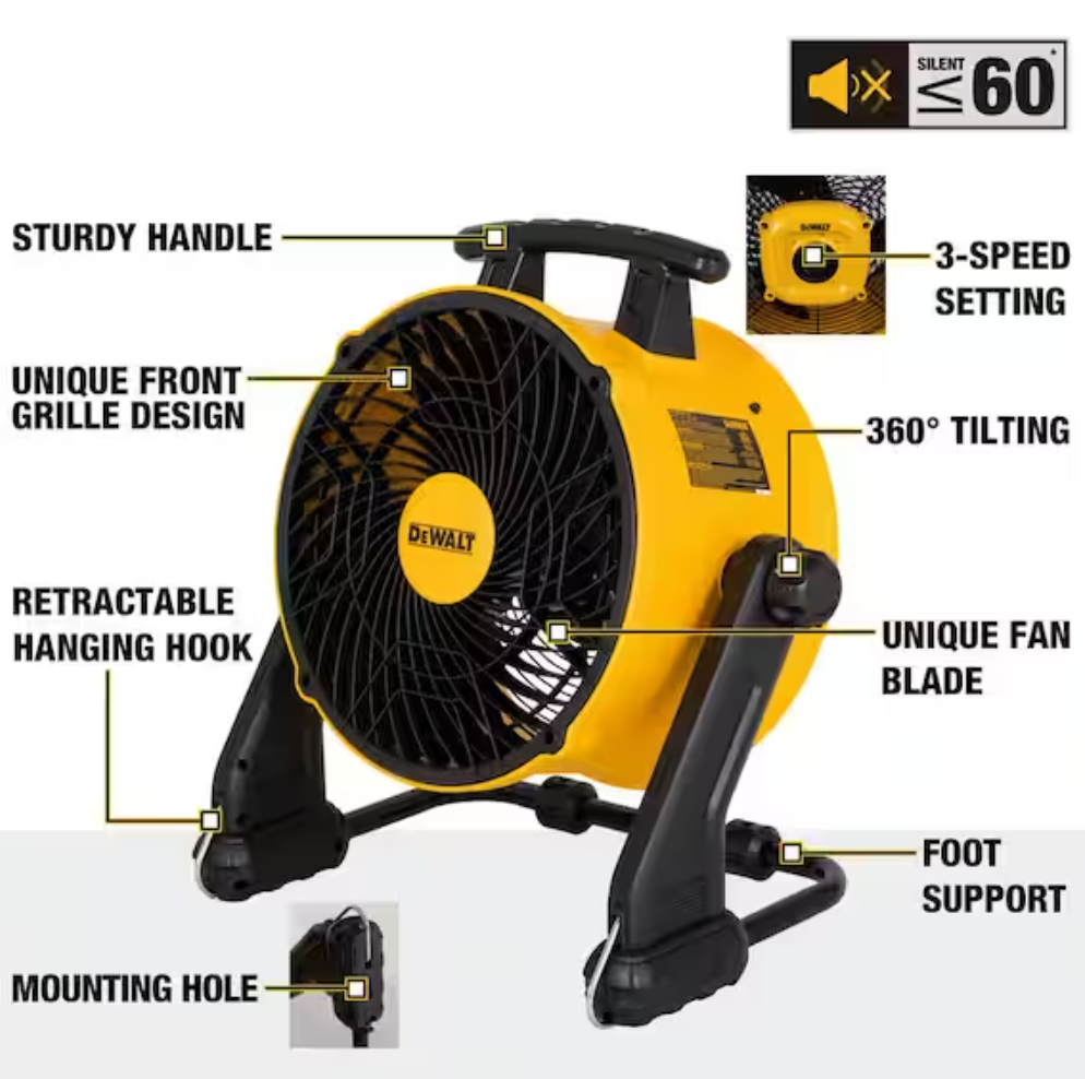 Dewalt 16” 3-Speed Portable Job Shop Fan, Benchtop, Hanging, 4000 CFM, DXF1616
