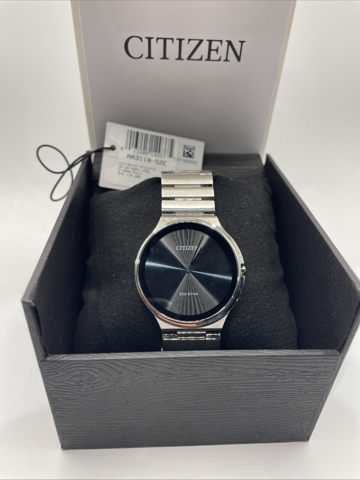 NWT Citizen Stiletto Eco-Drive Mens Silver/Gray Dial Watch AR3110-52E MSRP $450