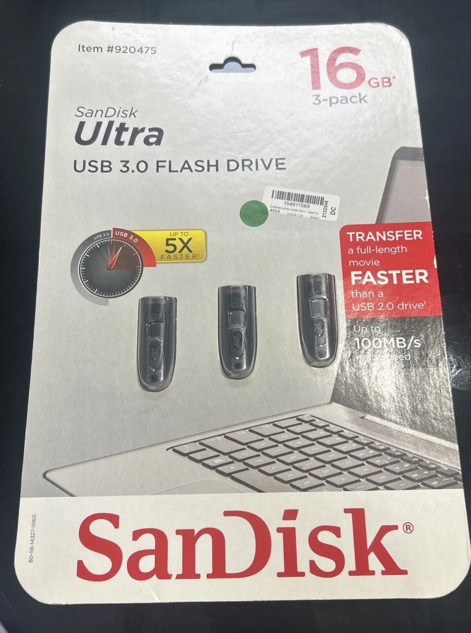 SanDisk Ultra 16GB USB 3.0 Flash Drive - 3 Pack Black (SDCZ48-016G-U46)