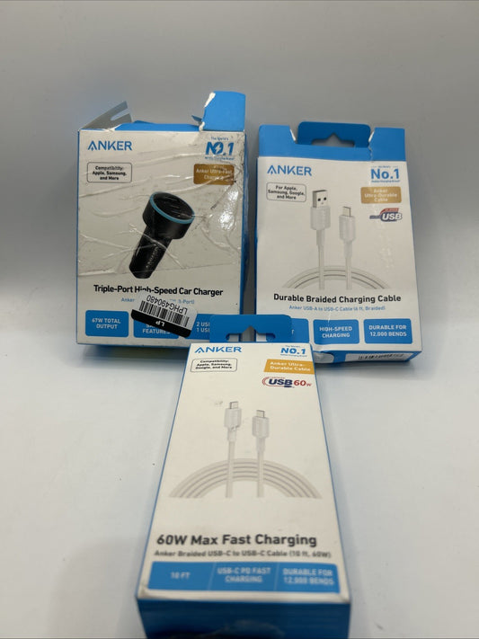 Lot Of 3 Anker - 10' 60W USB-C to USB-c - Usb A -/USB C / High Speed Car Charger