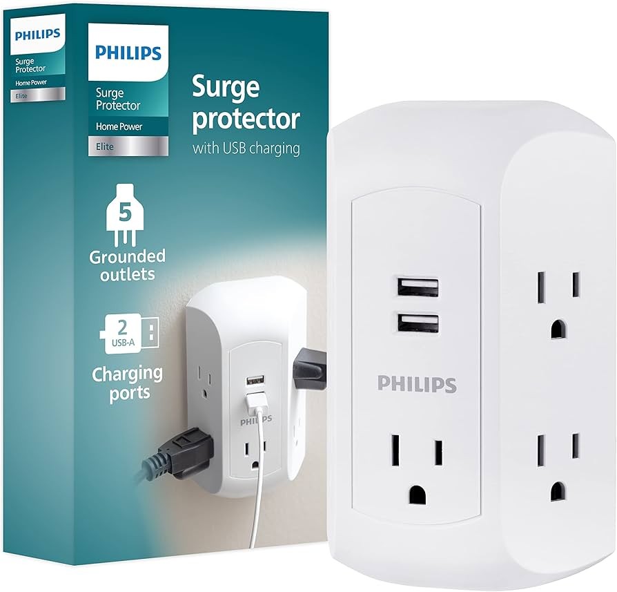 Philips 5-Outlet Grounded Tap 2 USB Ports 2.4A Adapter Spaced Outlets 560J