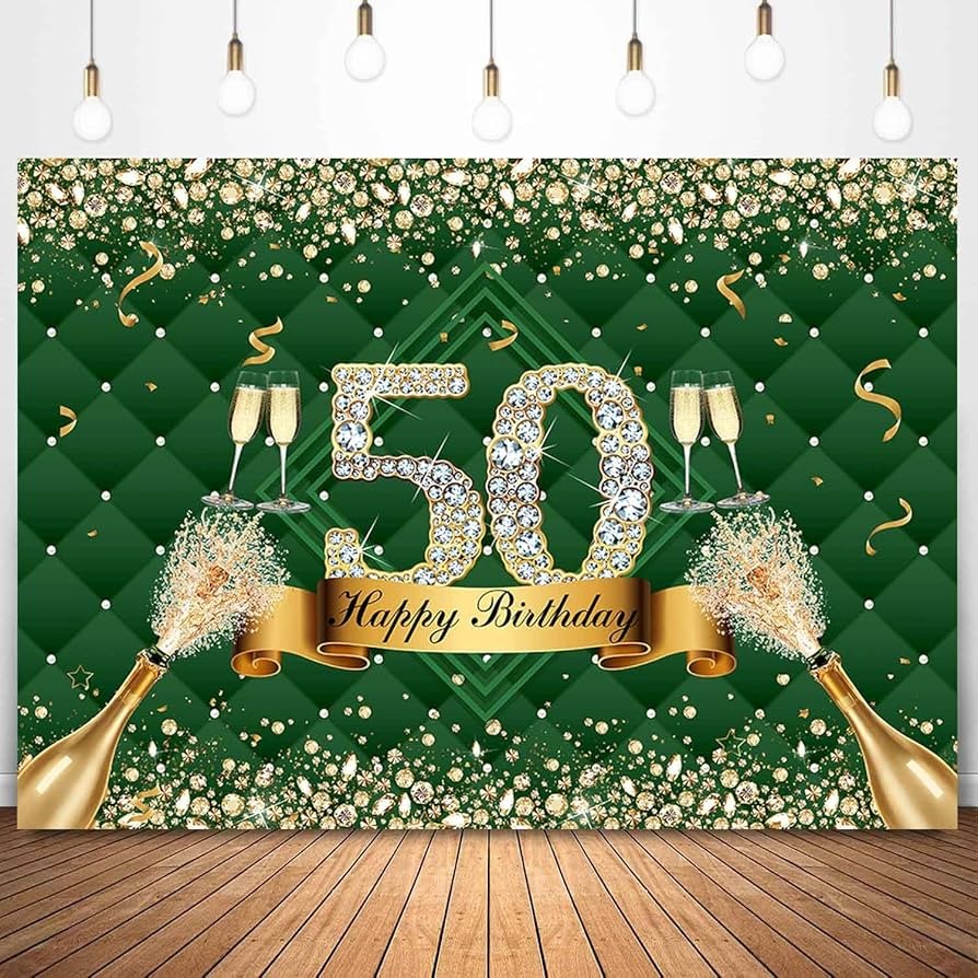 Sensfun 7x5ft Green Gold Happy 50th Birthday Backdrop Glitter Diamond Champagne