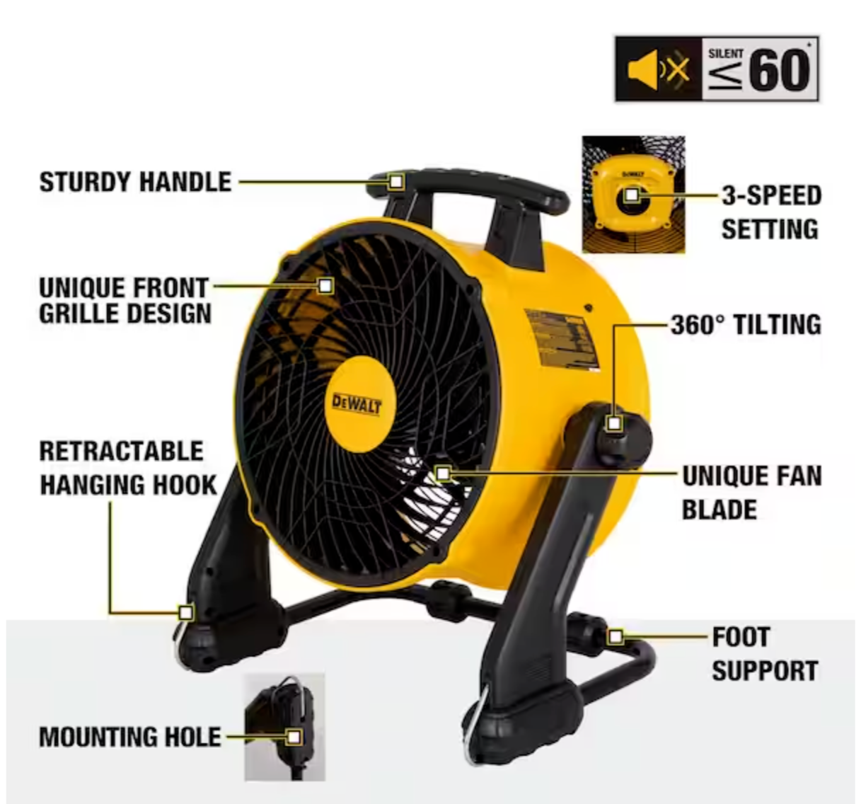 Dewalt 16 Inch 3-Speed Portable Shop Job Fan, Benchtop, Hanging, 4000 CFM