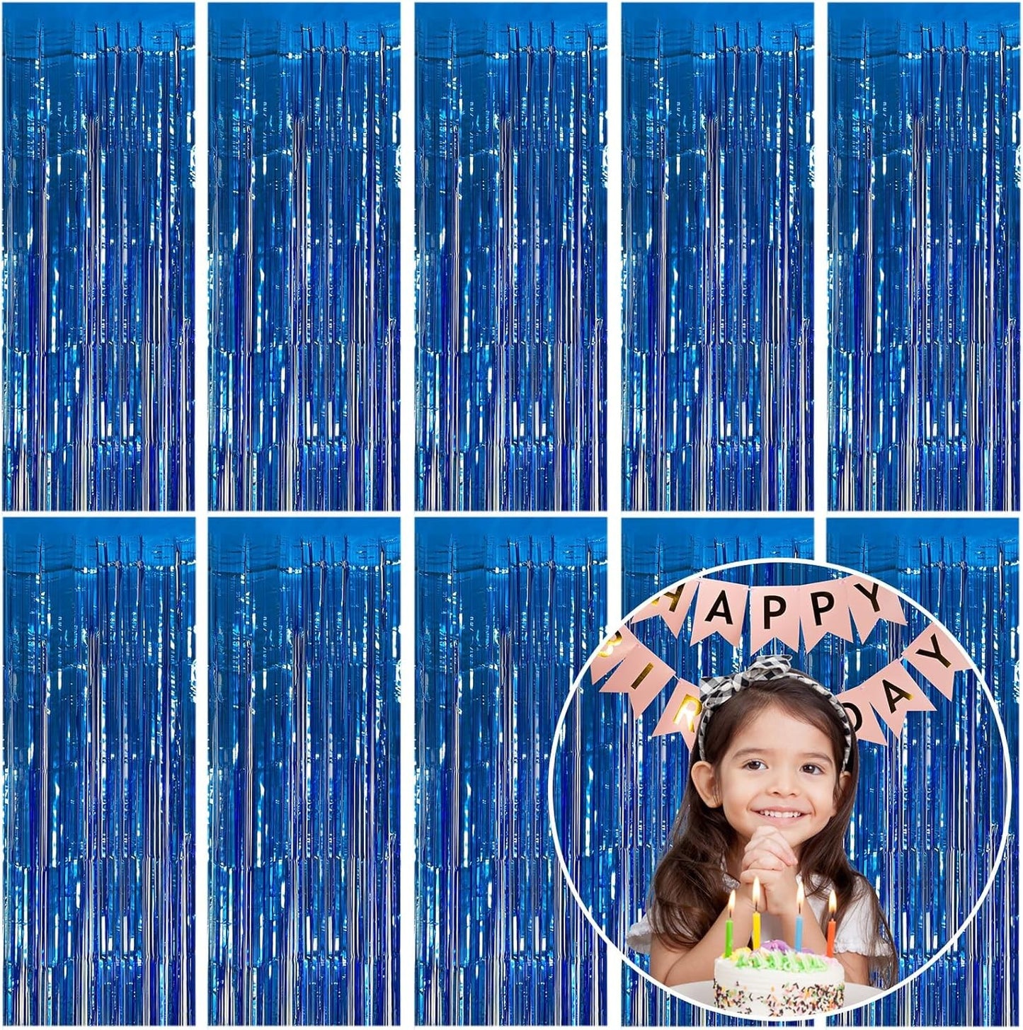 10 Pack Foil Curtain Backdrop Blue Metallic Tinsel Foil Fringe Curtains Photo