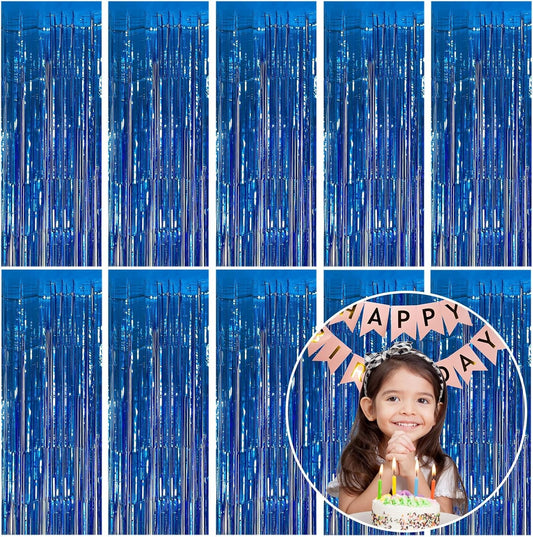 10 Pack Foil Curtain Backdrop Blue Metallic Tinsel Foil Fringe Curtains Photo
