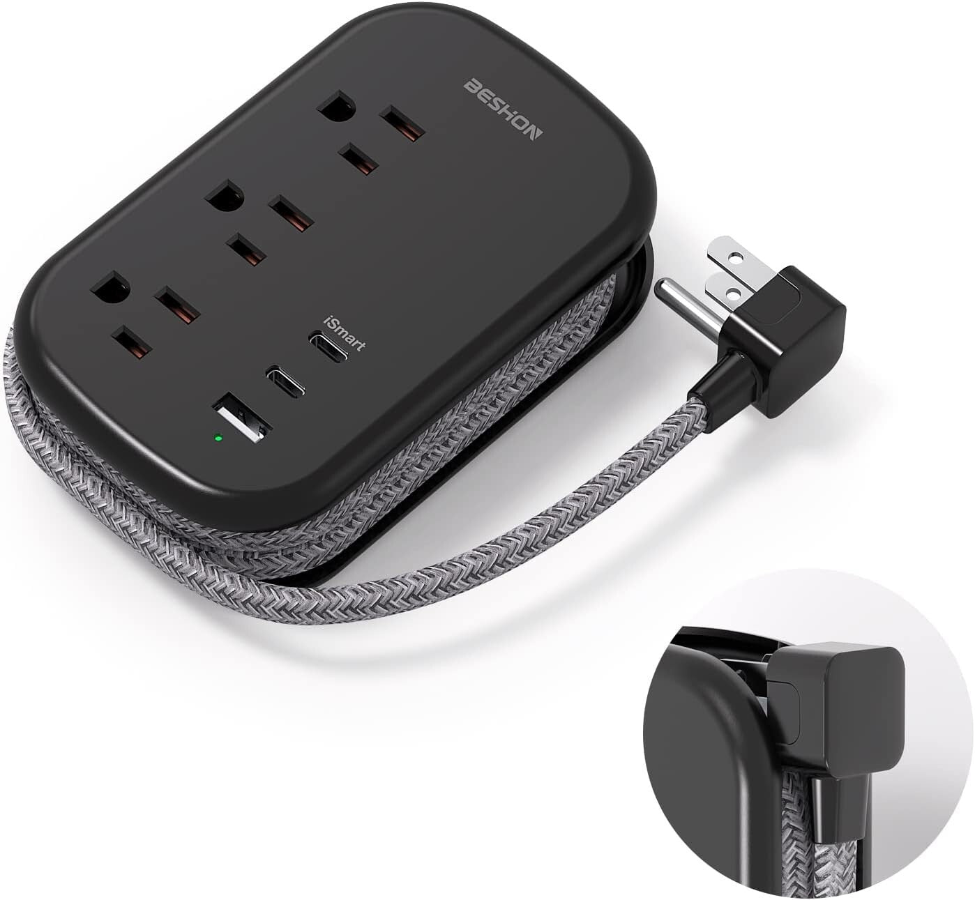 USB C Travel Power Strip, BESHON Ultra Flat Extension Cord, Flat Plug Power