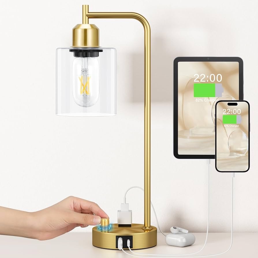 Innqoo Gold Table Lamp for Bedroom - Industrial Bedside Lamp with USB Port