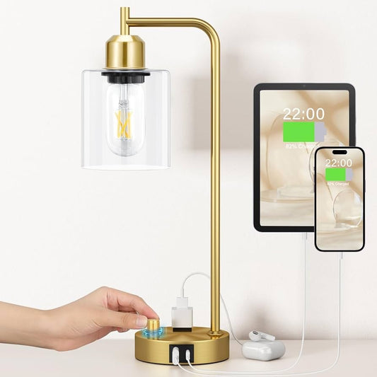Innqoo Gold Table Lamp for Bedroom - Industrial Bedside Lamp with USB Port