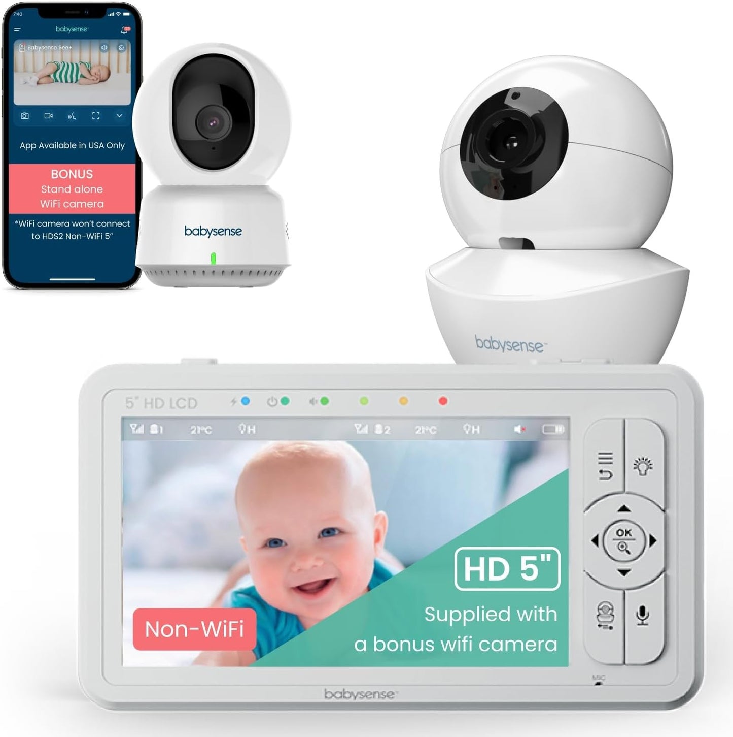 Babysense HDS2 Non-WiFi 5 HD Baby Monitor with Camera and Audio + Bonus WiFi
