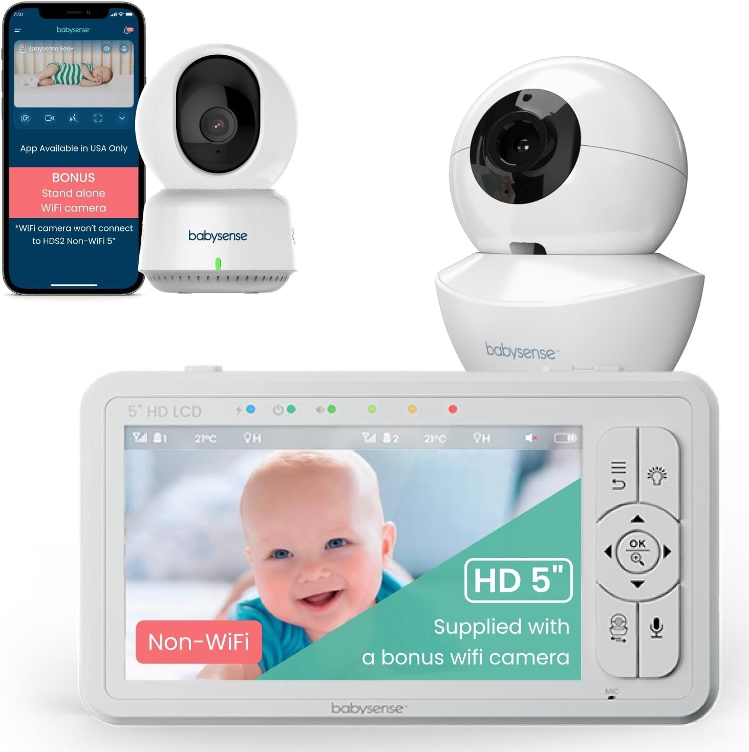 Babysense HDS2 Non-WiFi 5 HD Baby Monitor with Camera and Audio + Bonus WiFi