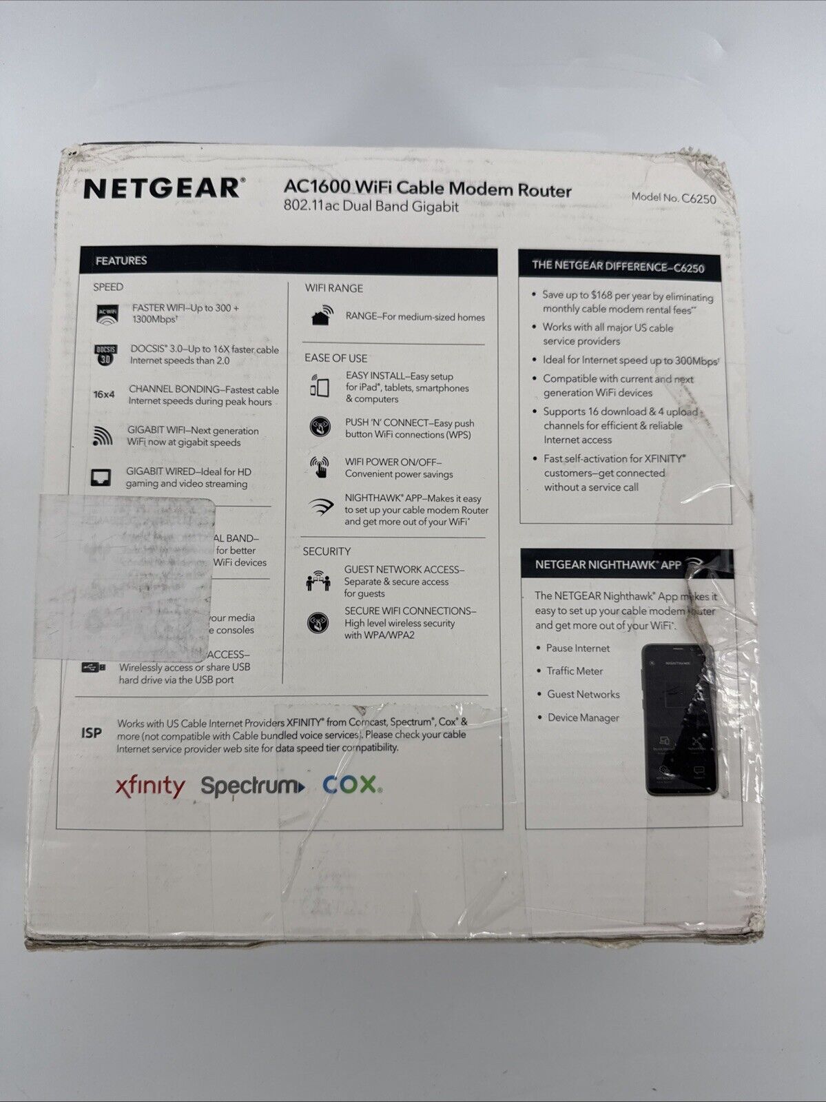 NETGEAR AC1600 Wifi Cable Modem Router C6250 - Black (C6250-100NAS)