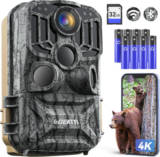 DEATTI Trail Camera 48MP 4K Game Camera with 8 Batteries 32G SD Card
