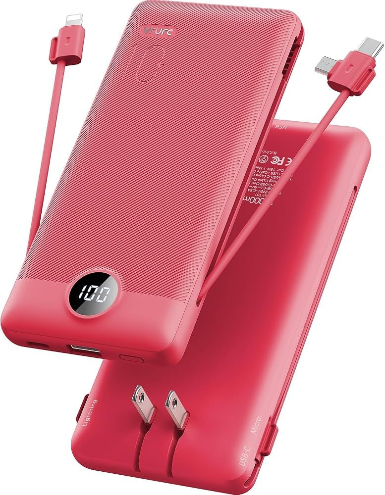 VRURC Portable Charger Built-in Cables and AC Wall Plug, USB C Power Bank