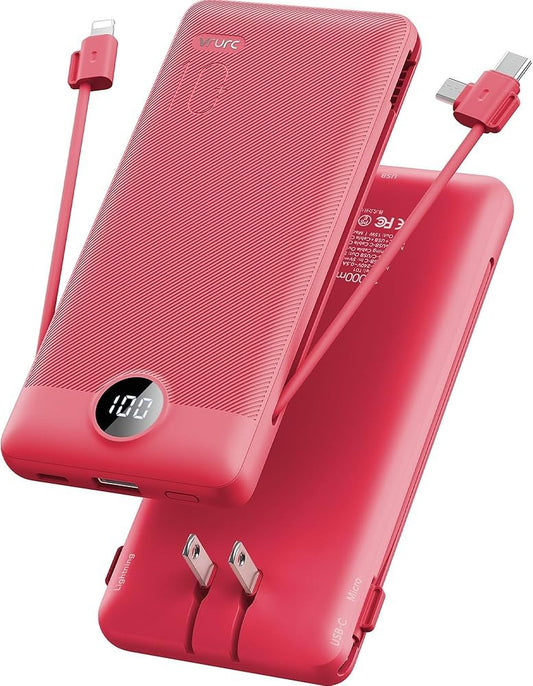 VRURC Portable Charger Built-in Cables and AC Wall Plug, USB C Power Bank