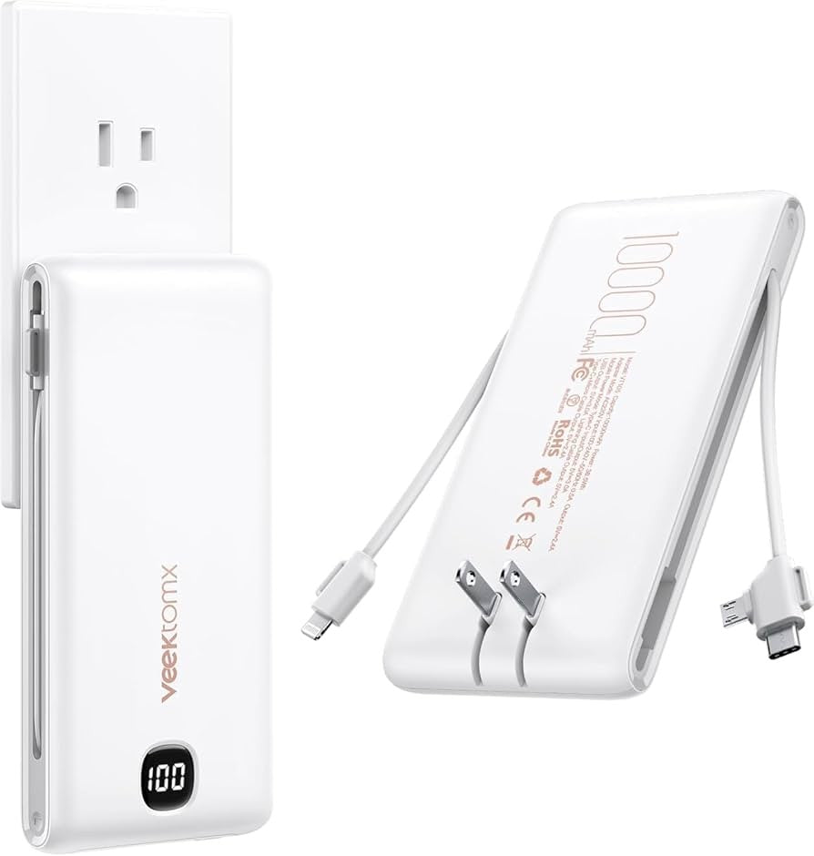 VEEKTOMX Portable Charger with Built in Cables 10000mAh, Power Bank for iPhone