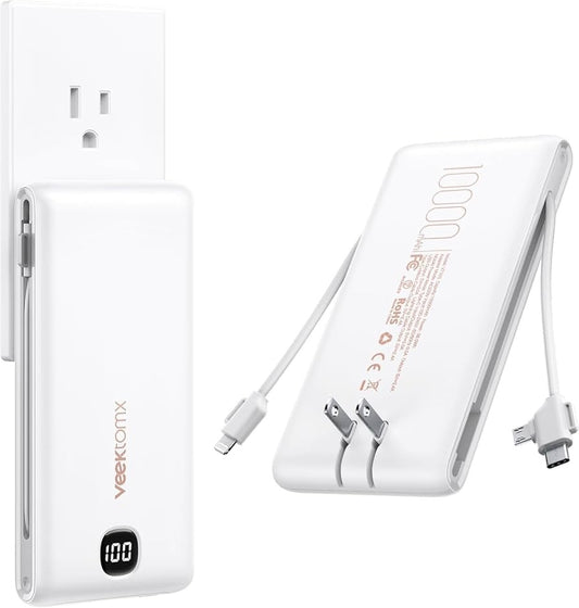 VEEKTOMX Portable Charger with Built in Cables 10000mAh, Power Bank for iPhone