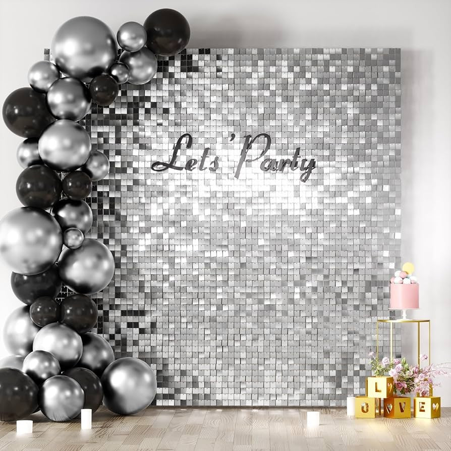 COKAOBE Silver Shimmer Wall Backdrop, 30PCS Square Sequin Shimmer Backdrop Panel
