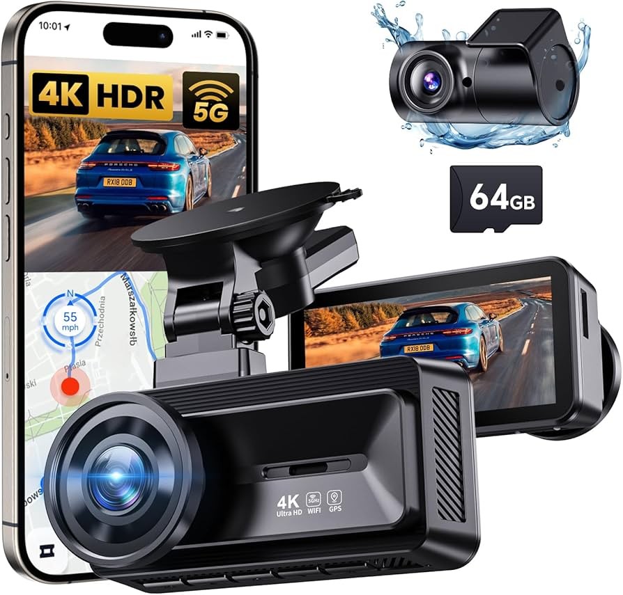 COOLCRAZY Dash Cam Front Rear: 4K+1080P Full HD Dashcam Free 64GB Card