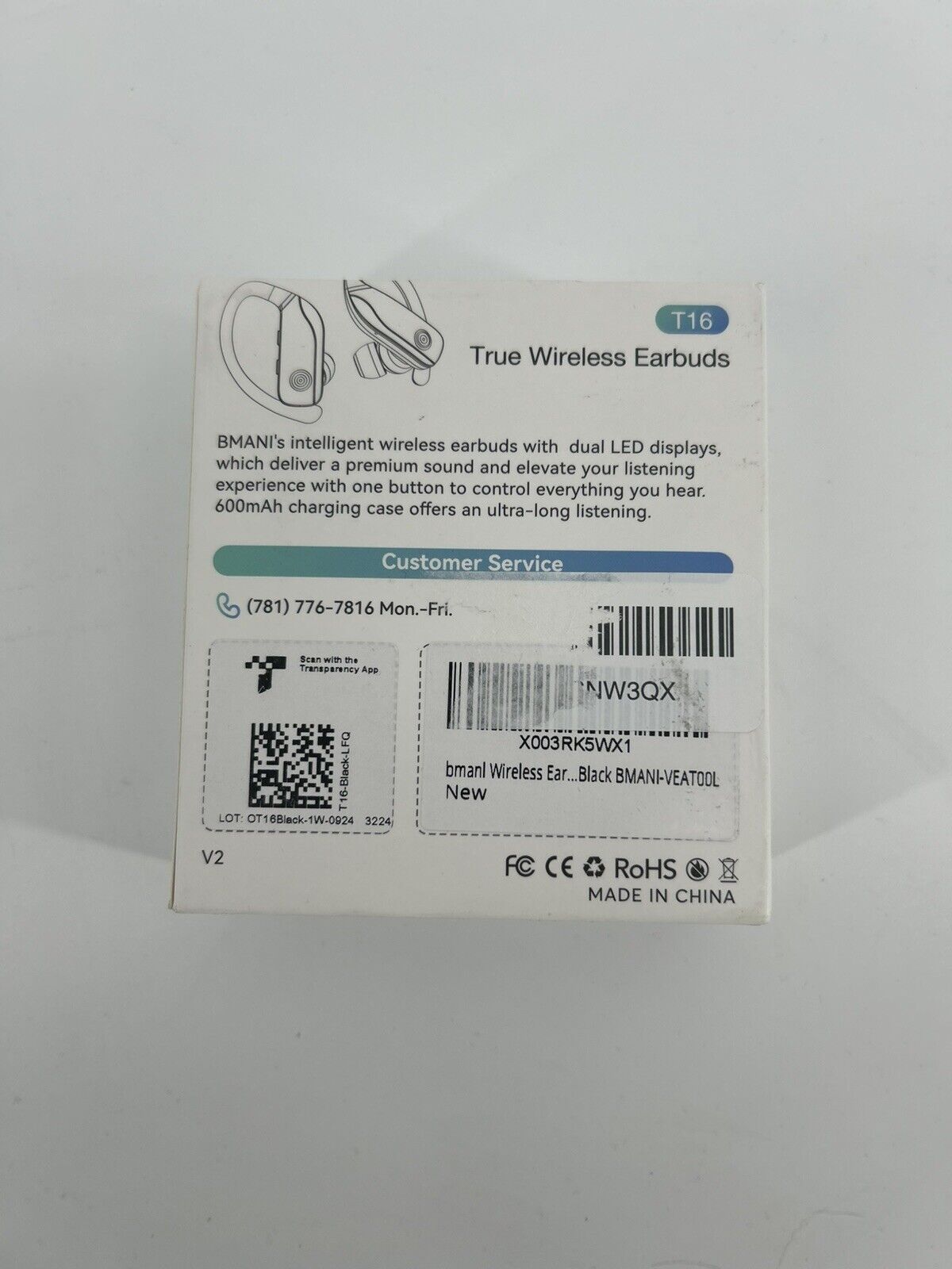 BMANI T16 True Wireless Earbuds, 5.0 HiFi Dual LED Display, Black