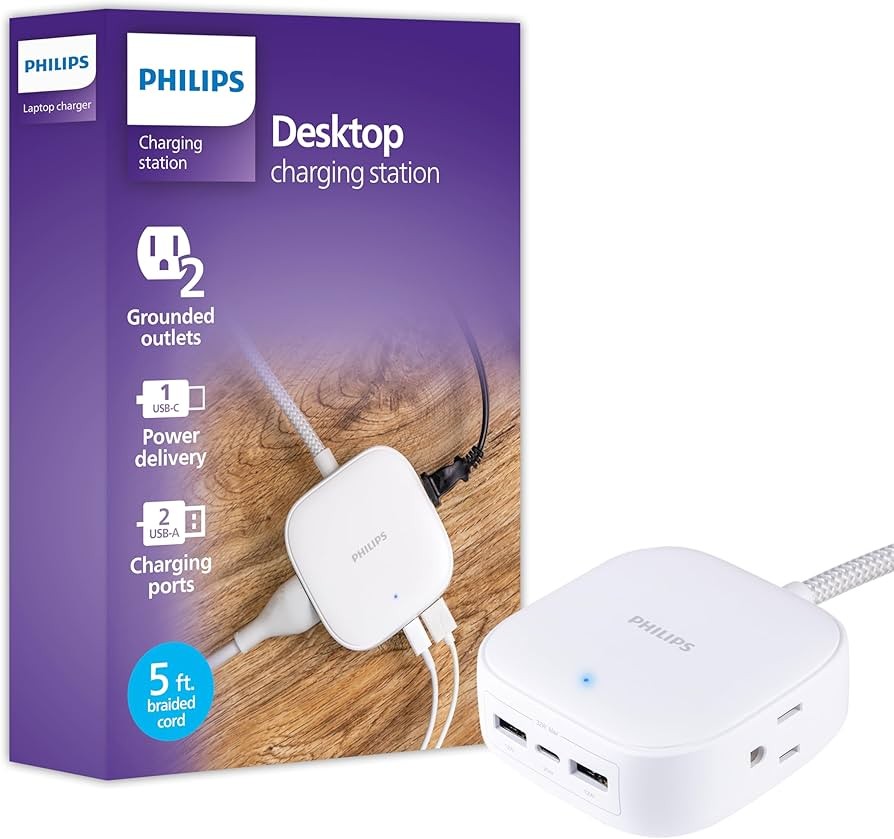 Philips Desktop Charging Station 2 USB-A 1 USB-C 2 Outlet 5ft Cord - White