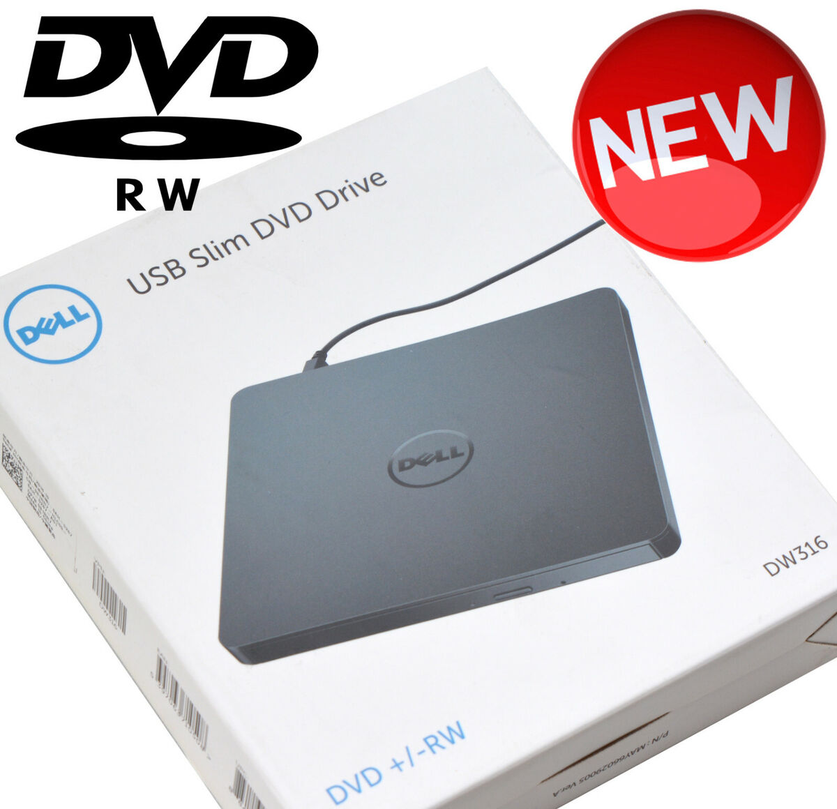 Dell Dw316 External Usb Slim Dvd R/w Optical Drive 14mm Windows V. 7/8/8.1/10