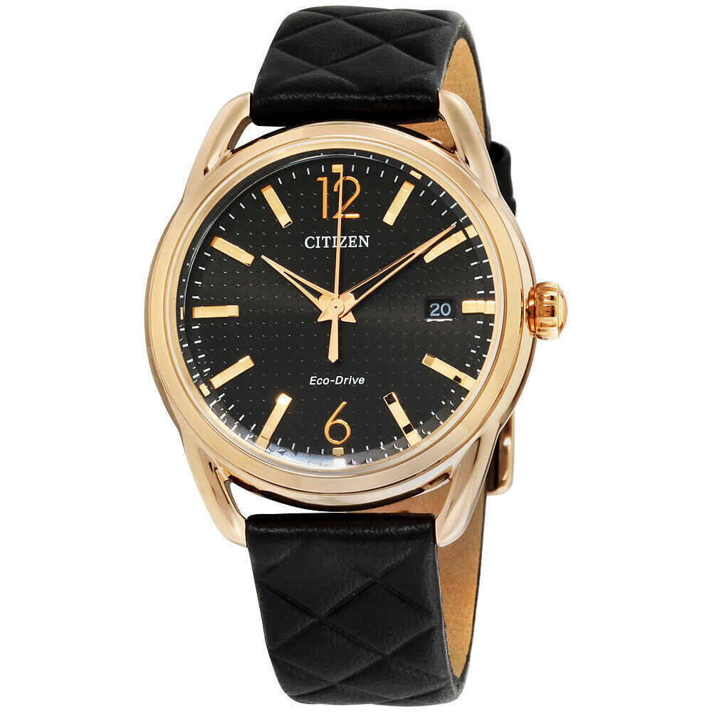 Citizen Women's Watch FE6083-13E Eco Drive Black Dial Gold Leather Band