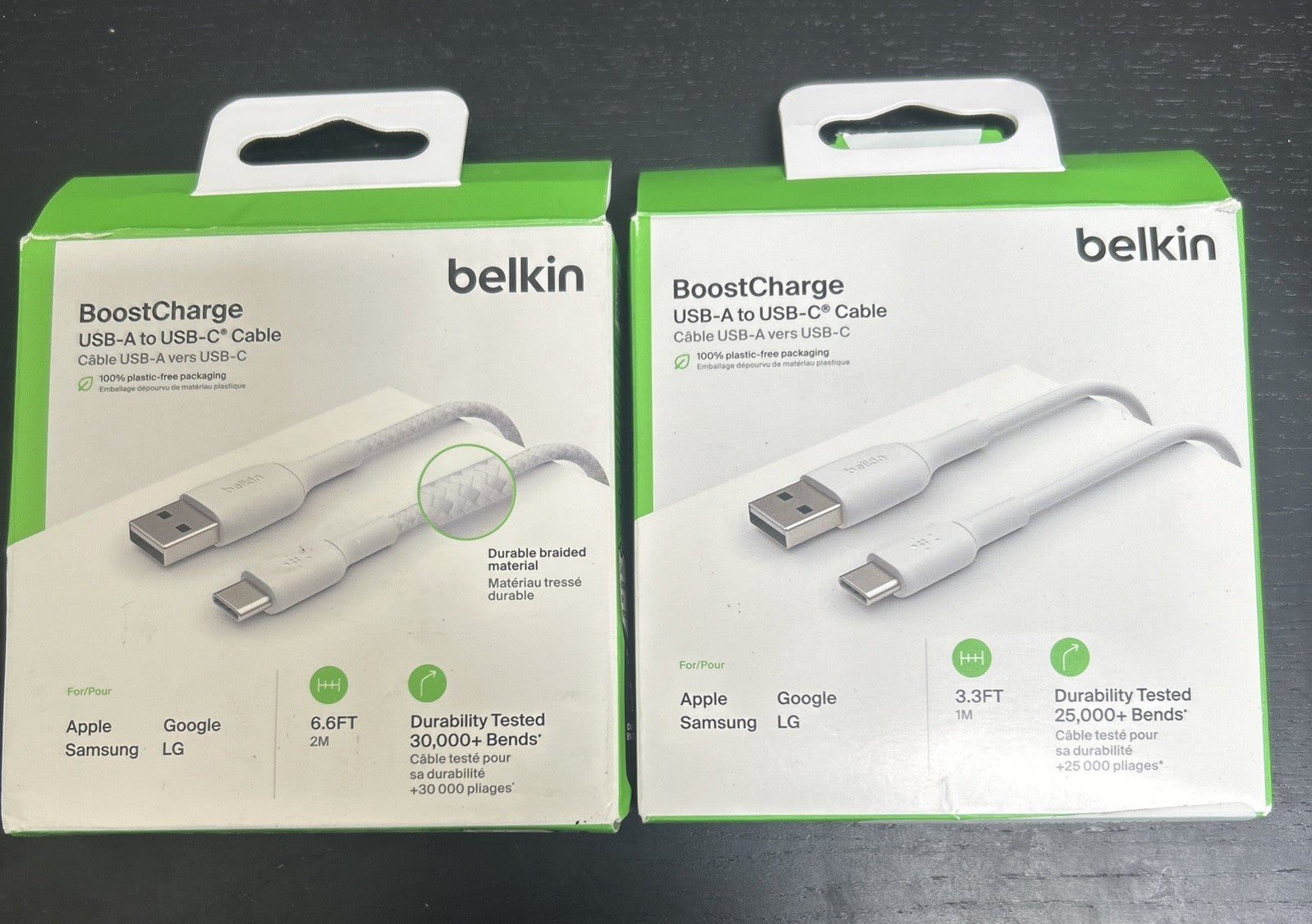 2 Pack Belkin Boost Charge USB-A to USB-C Cable 6.6FT  Durable Braided WHITE