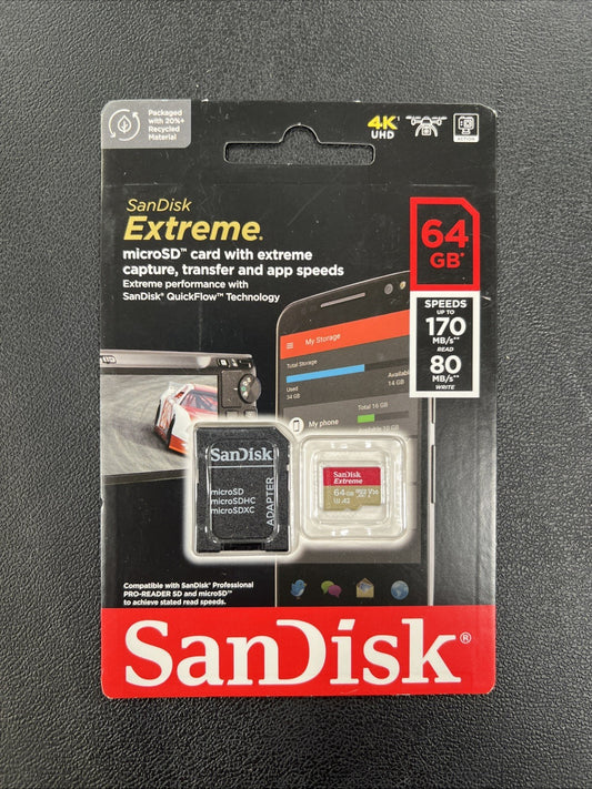 SanDisk 64GB Extreme microSDXC UHS-I Card (Up to 160 MBPs) - SDSQXAH-064G-GN6MA