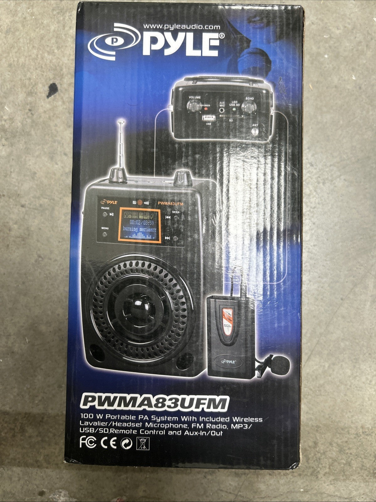 Pyle PWMA83UFM, 100W Portable PA System Mic, Fm Radio, mp3/USB, Aux-in/out