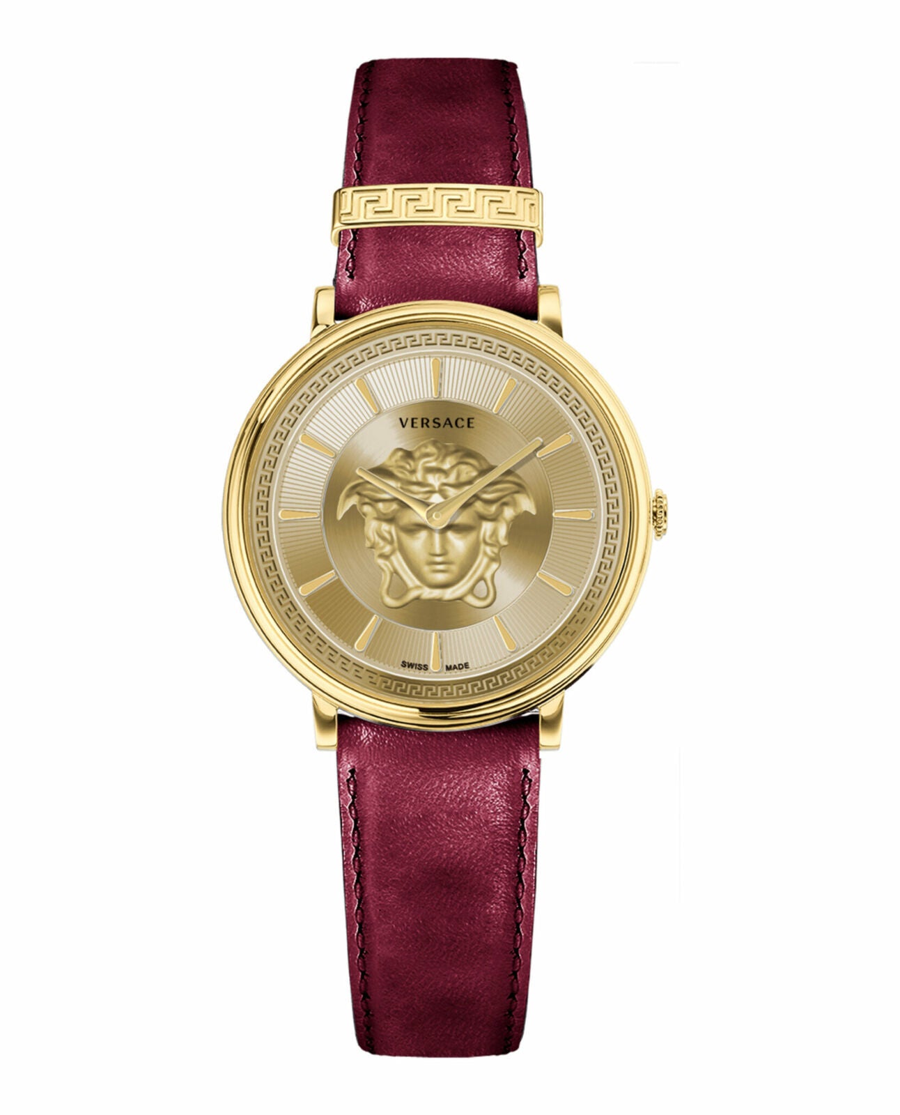 $450+ Retail NEW Versace VE8103821 V-Circle gold burgundy Leather Women's Watch