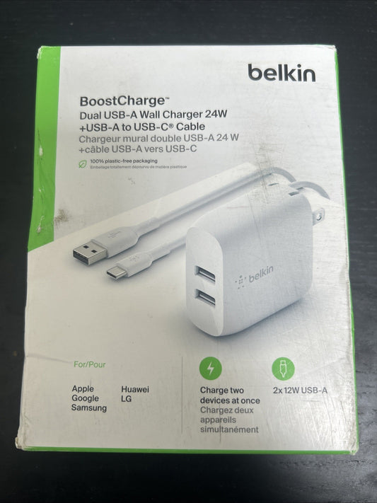 Belkin Boost Charge Dual USB-A Wall Charger 24W with Cable (WCE001dq1MWH) - Open