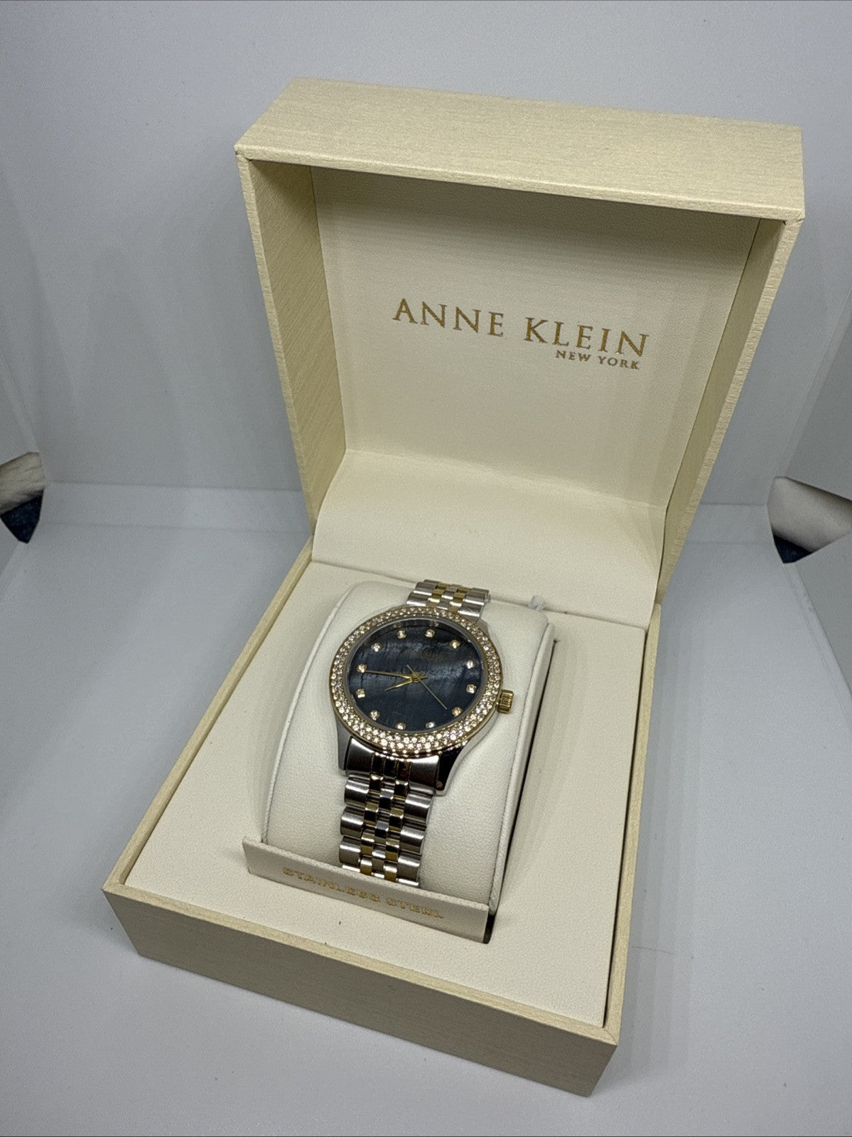 Anne Klein 12/7743BMTT Women's 36mm Crystal Accent Black MOP Dial Watch NEW W TA